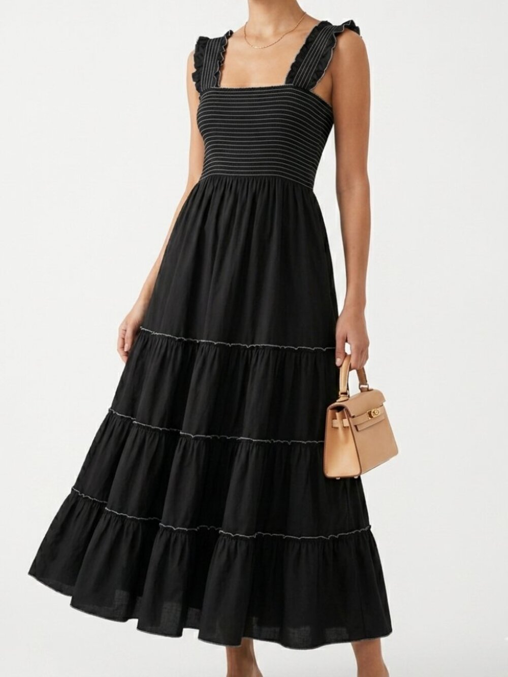 Ruffle Strap Lucy Paris Black Cotton Smocked Tiered Maxi Dress Size M Medium